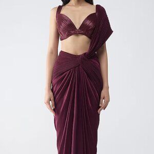 Amit Aggarwal Plum Satin Chiffon Saree Set